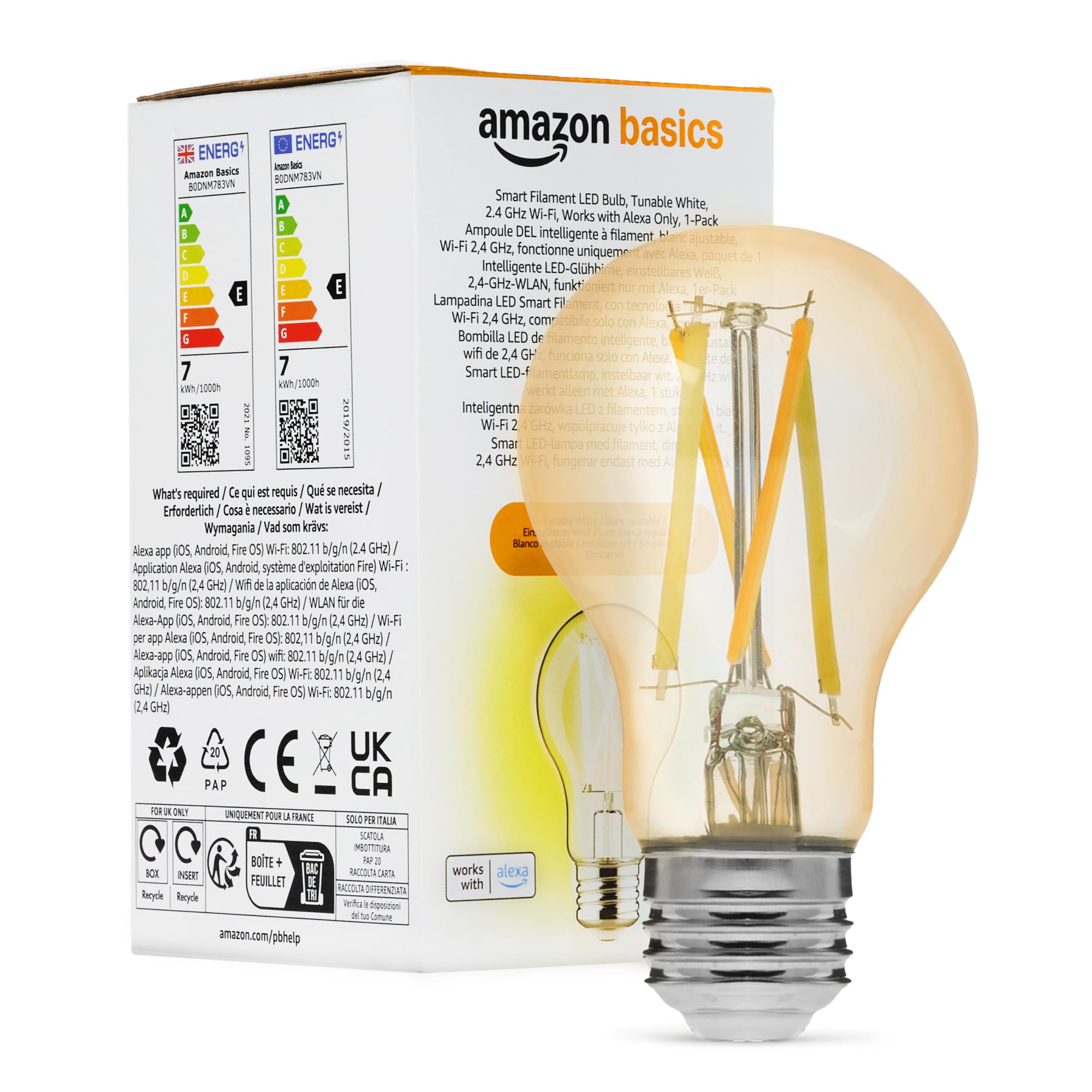 Amazon Basics Ampoule LED à Filament Connectée Wi-Fi Blanche Réglable Fonction Alexa Lot de 1